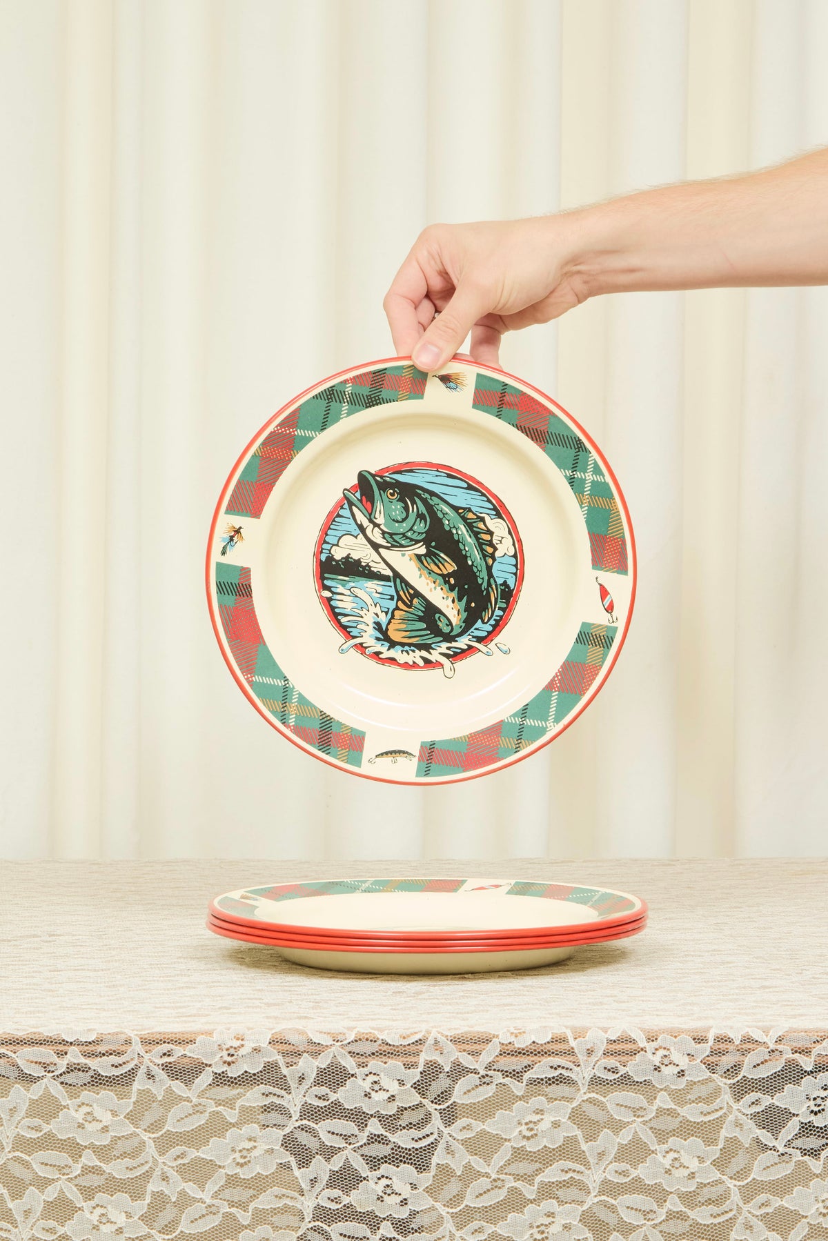Vintage Enamel Fish Plates Set/4