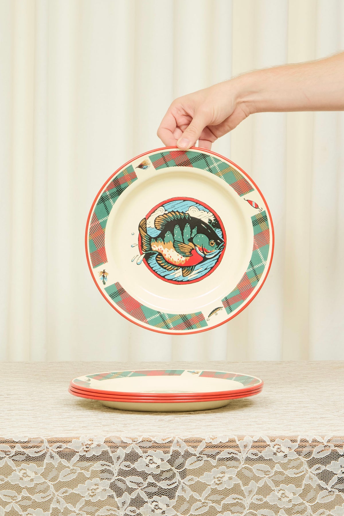 Vintage Enamel Fish Plates Set/4