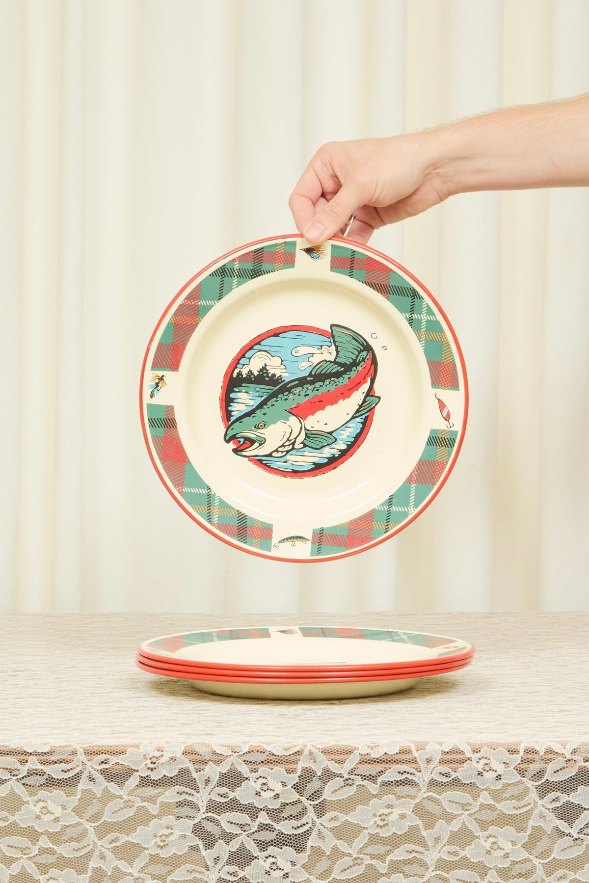 Vintage Enamel Fish Plates Set/4