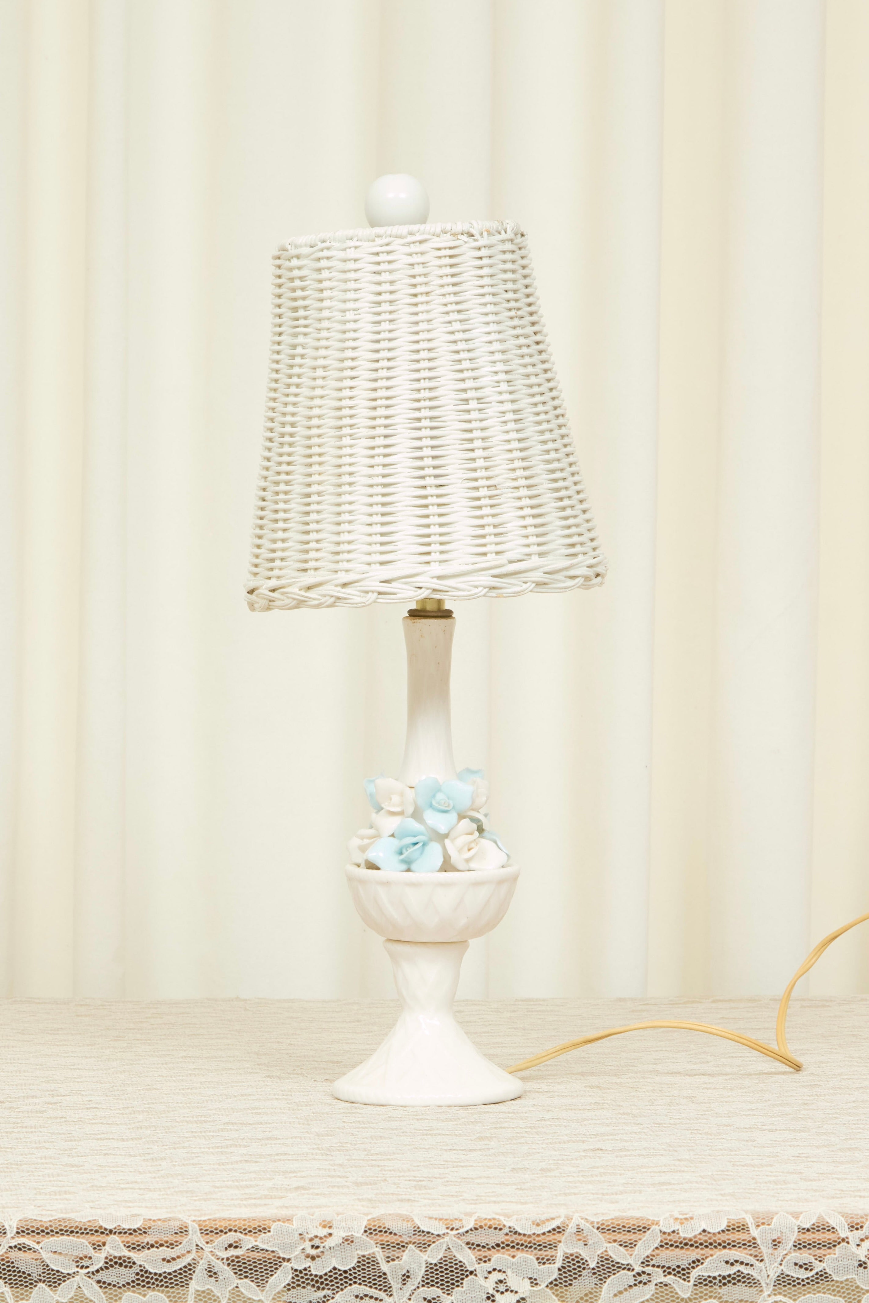 Vintage Ceramic Floral Lamp w/ Wicker Shade