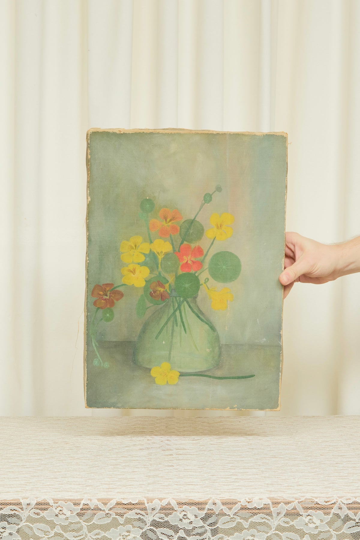 Antique Victorian Nasturtium Oil Painting