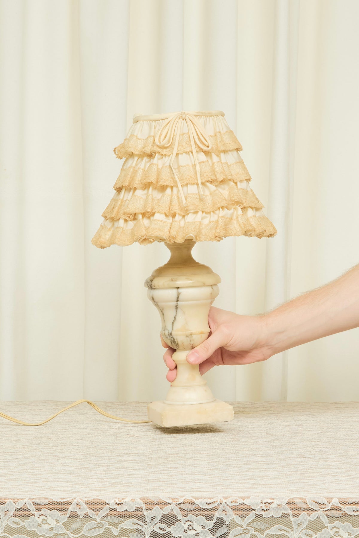 Vintage Alabaster Lamp w/ Lace Ruffle Shade