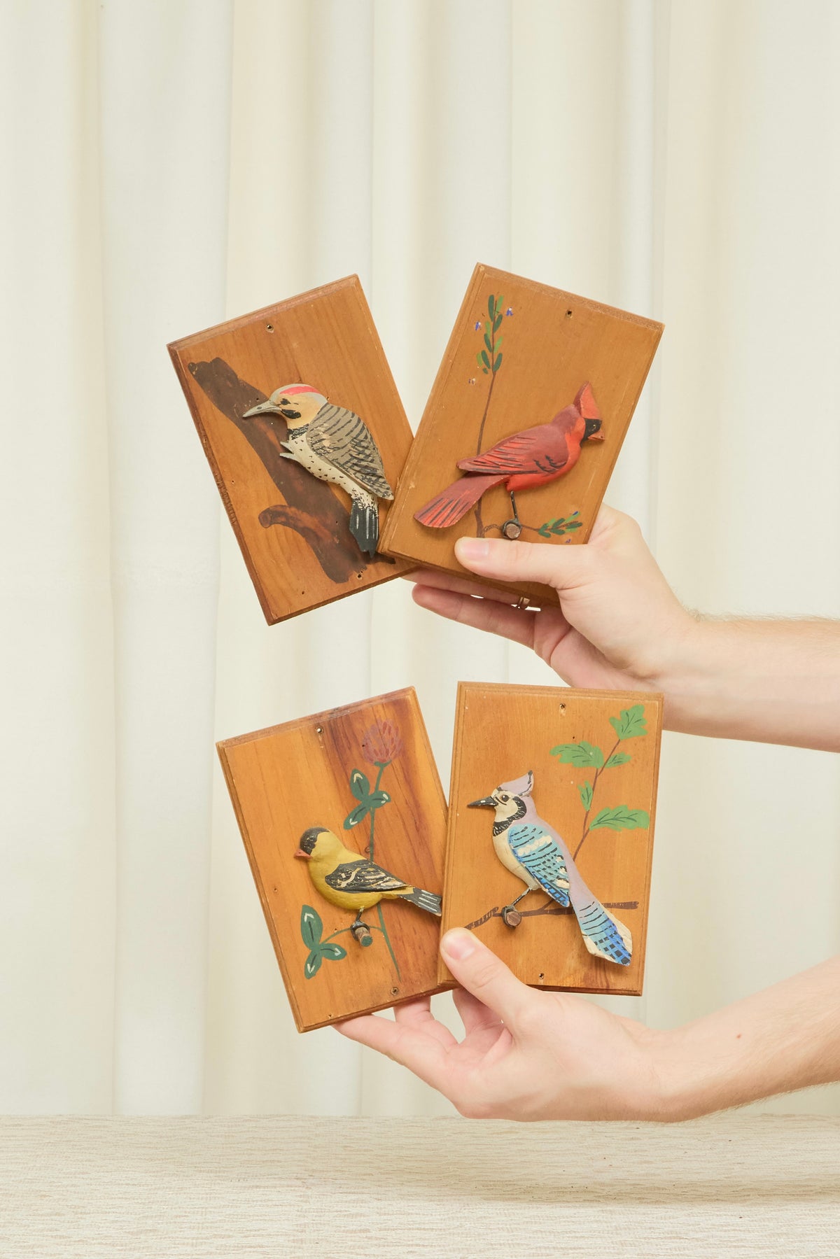 Vintage Wooden Bird Plaques Set/4