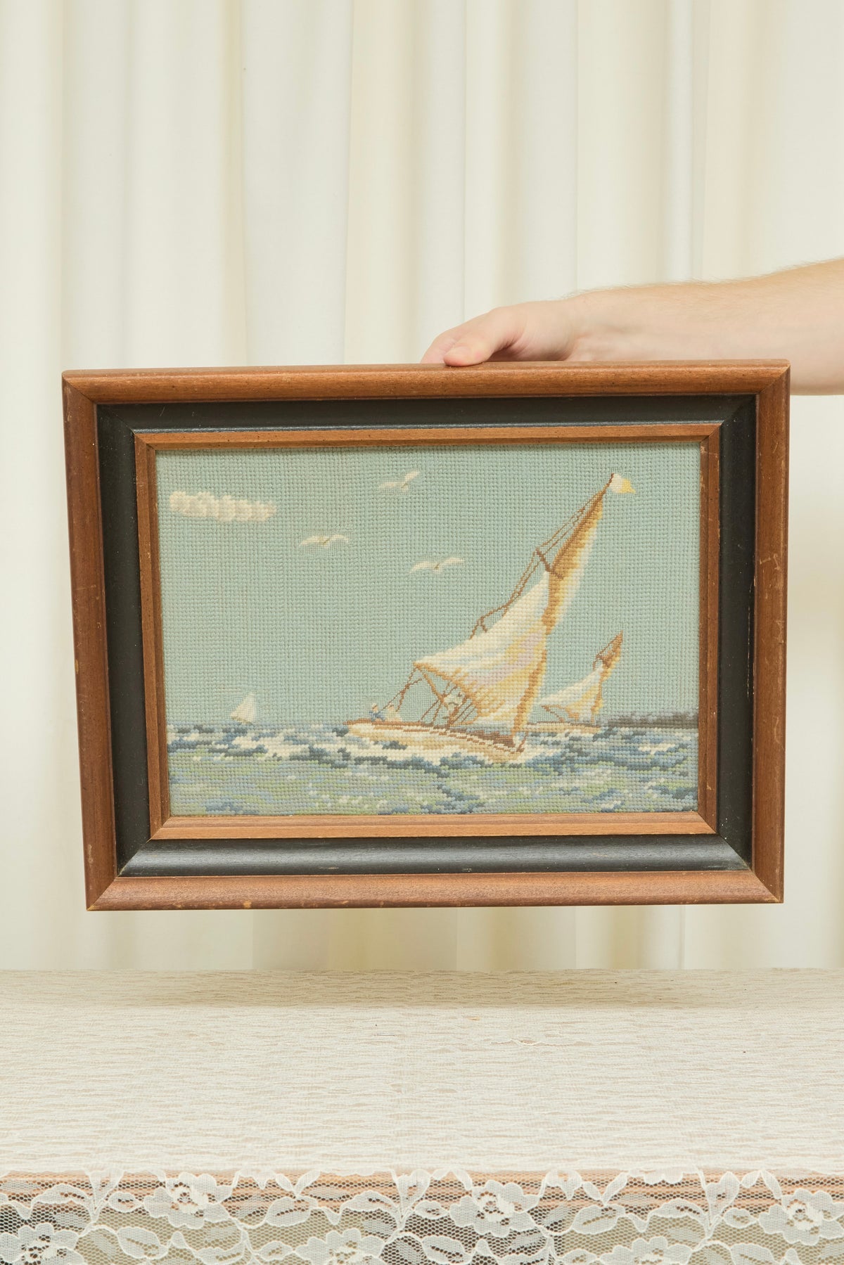 Vintage Framed Sailboat Needlepoint