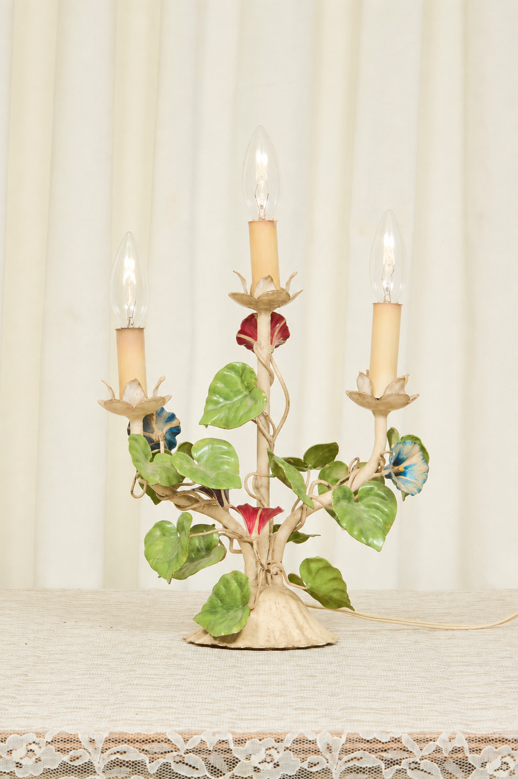 Vintage Metal Floral 3 Arm Candelabra Lamp