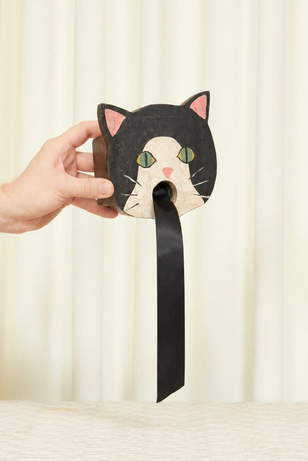 Vintage Folk Art Cat Wall Box/Ribbon Dispenser