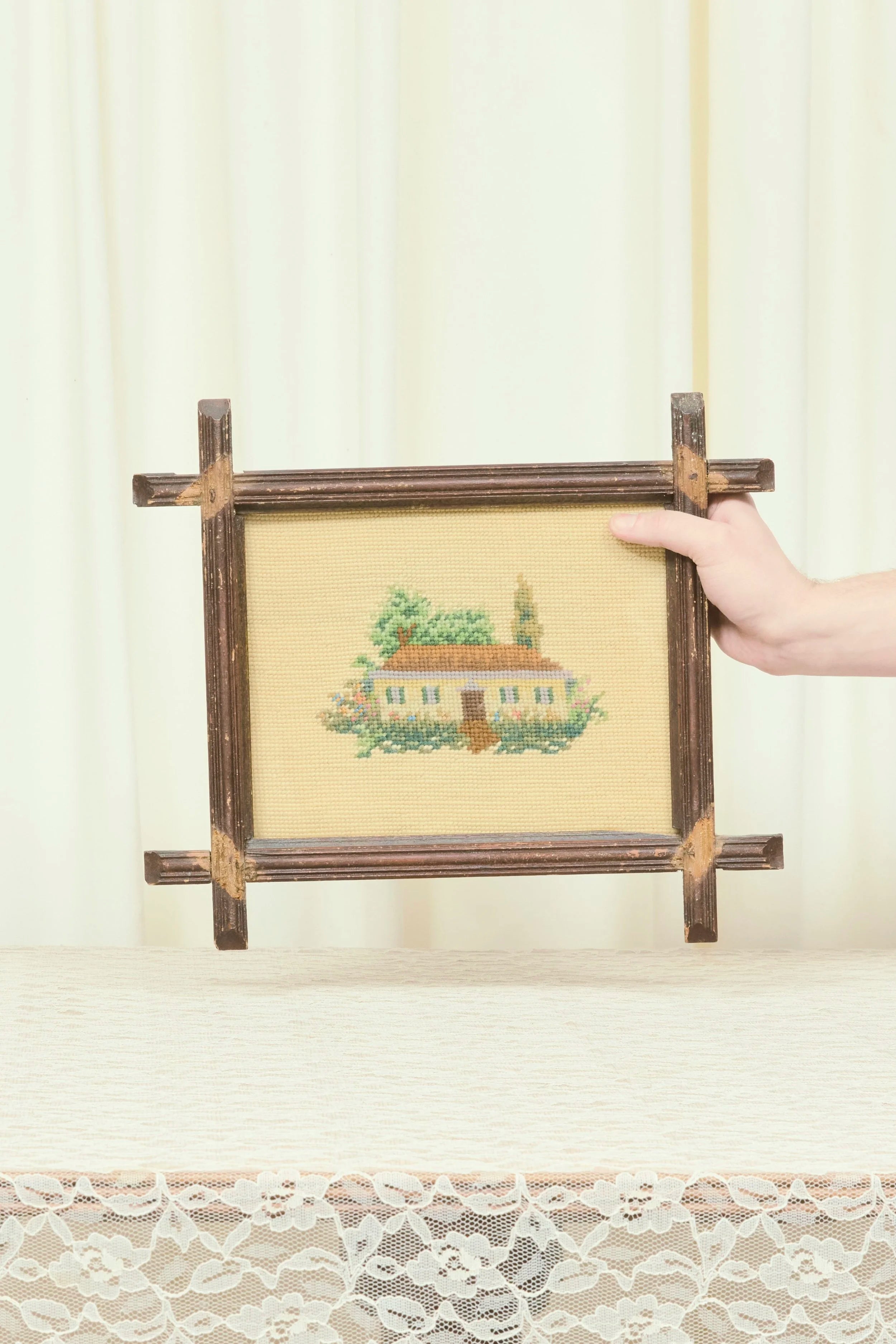 Antique Framed Cottage Needlepoint