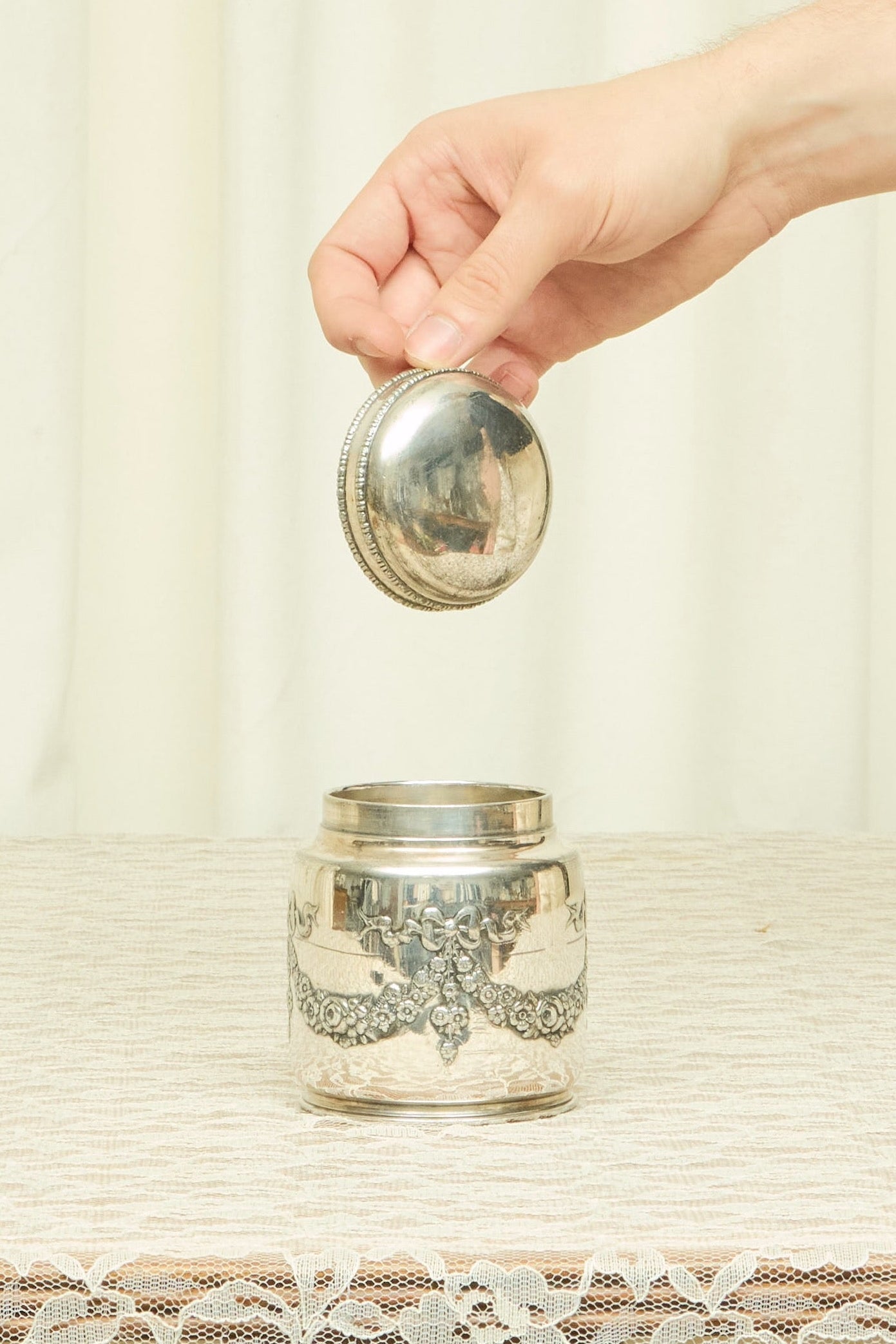 Vintage Bow Silver Tea Caddy/Trinket Dish