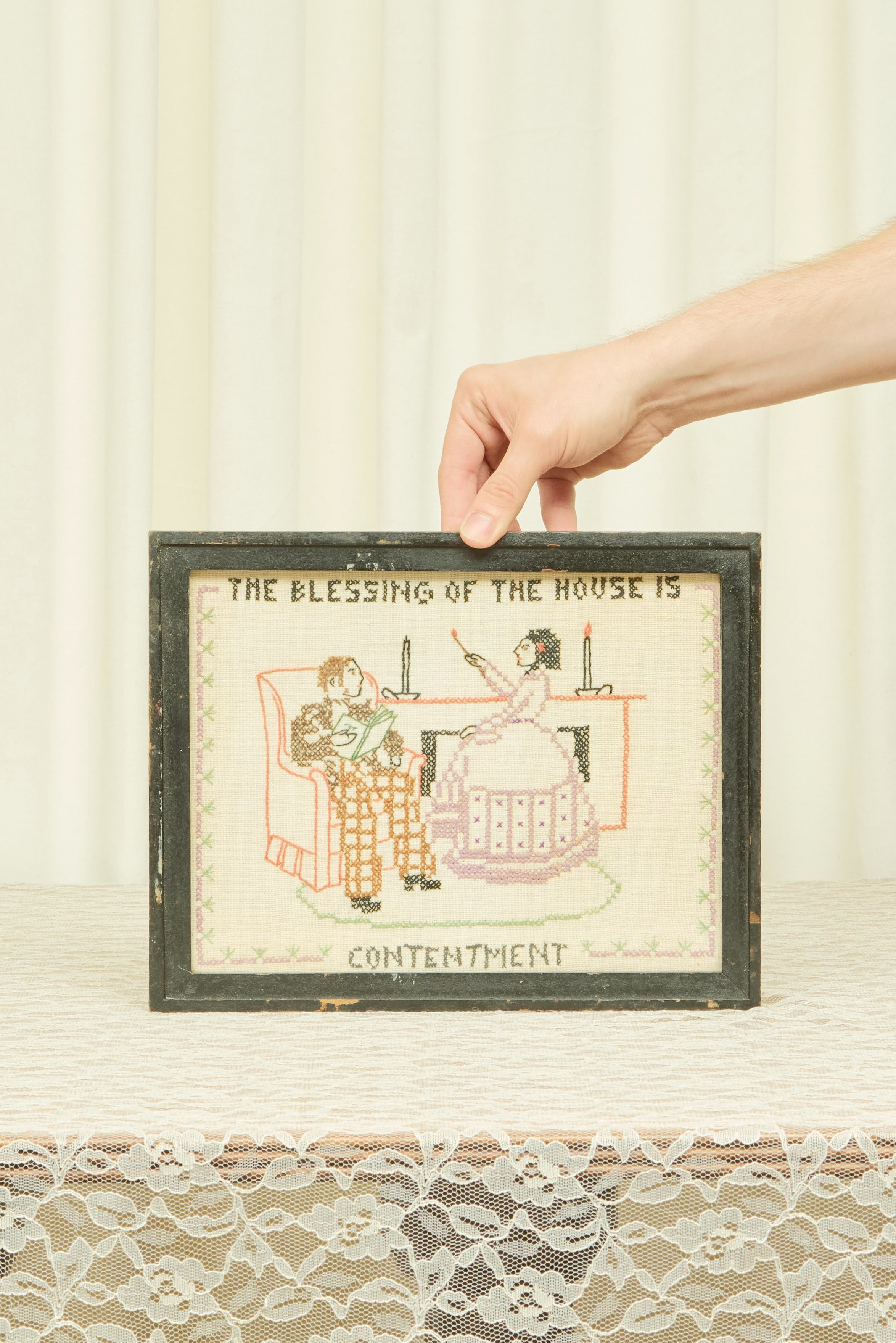 Vintage "Contentment" Framed Cross Stitch