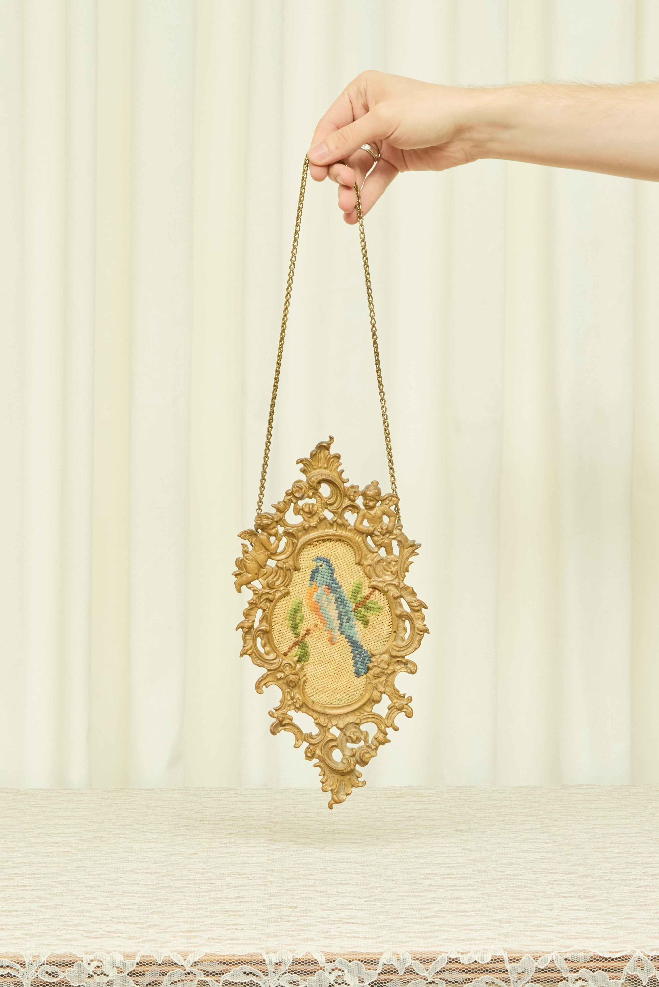 Vintage Gilded Bird Needlepoint