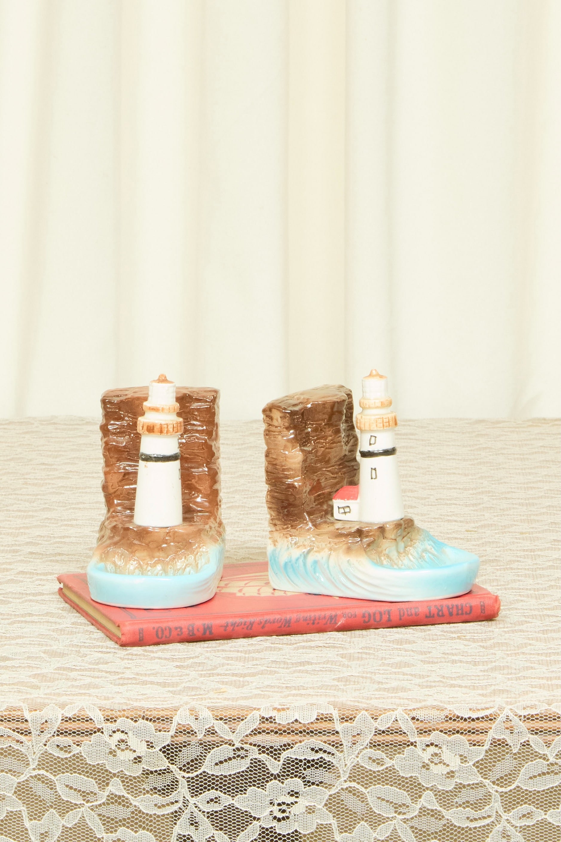 Vintage Lighthouse Bookends w/ Trinket Dish Set/2
