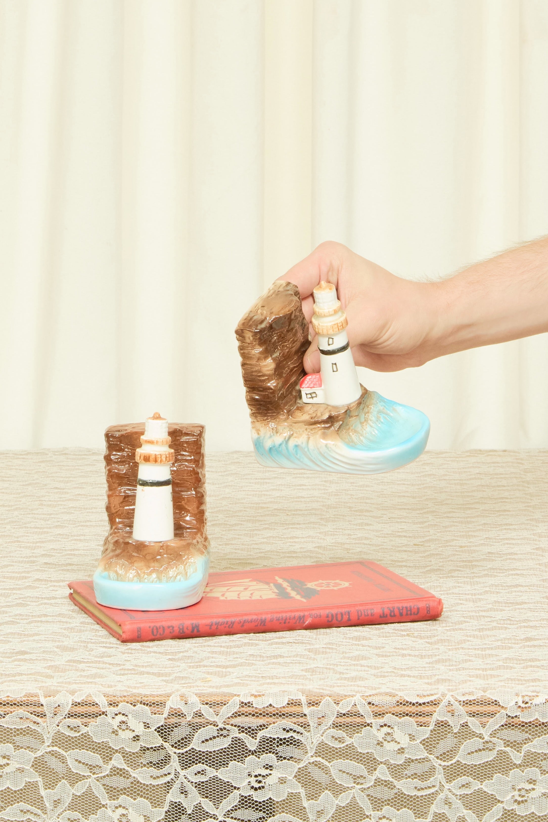 Vintage Lighthouse Bookends w/ Trinket Dish Set/2