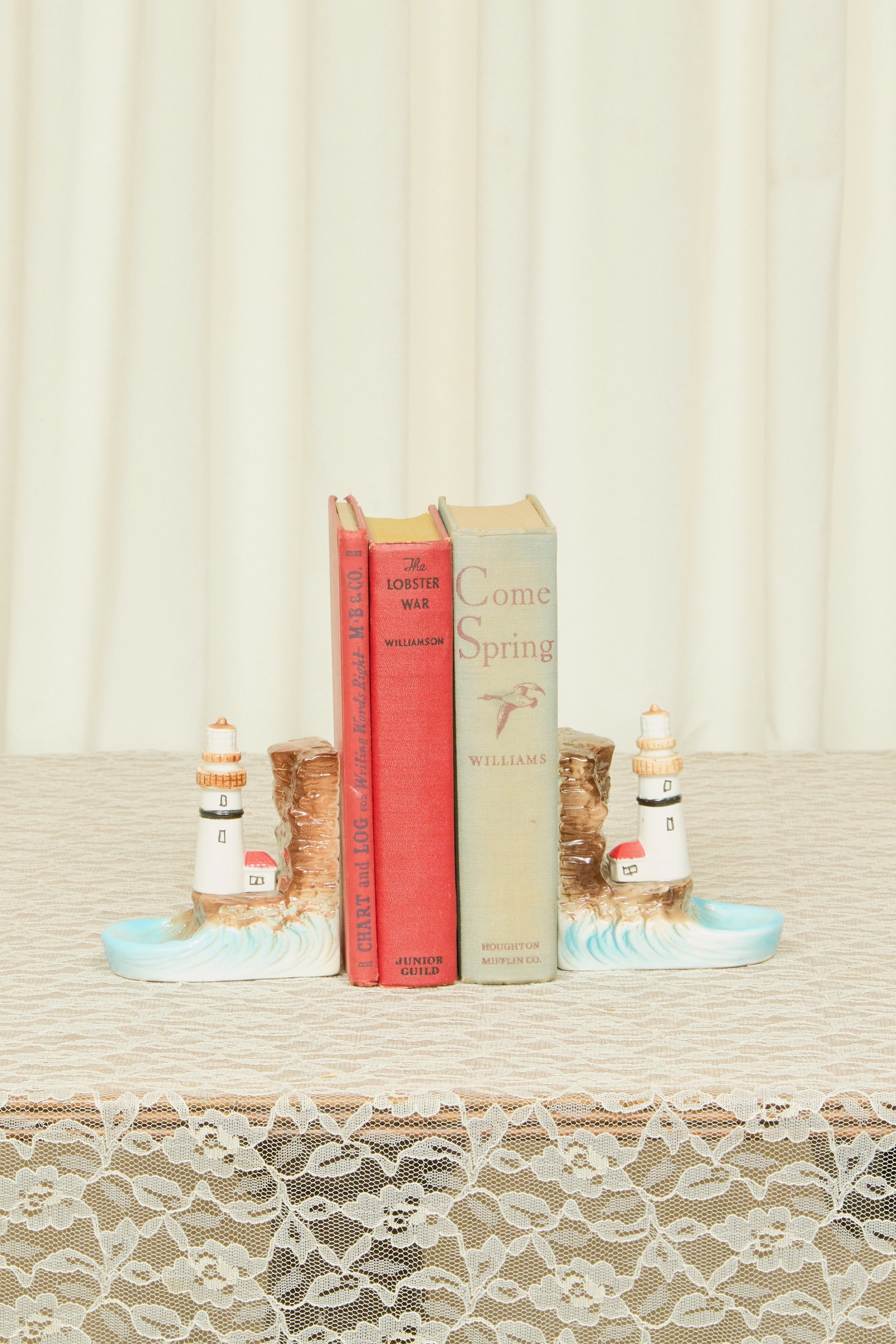 Vintage Lighthouse Bookends w/ Trinket Dish Set/2