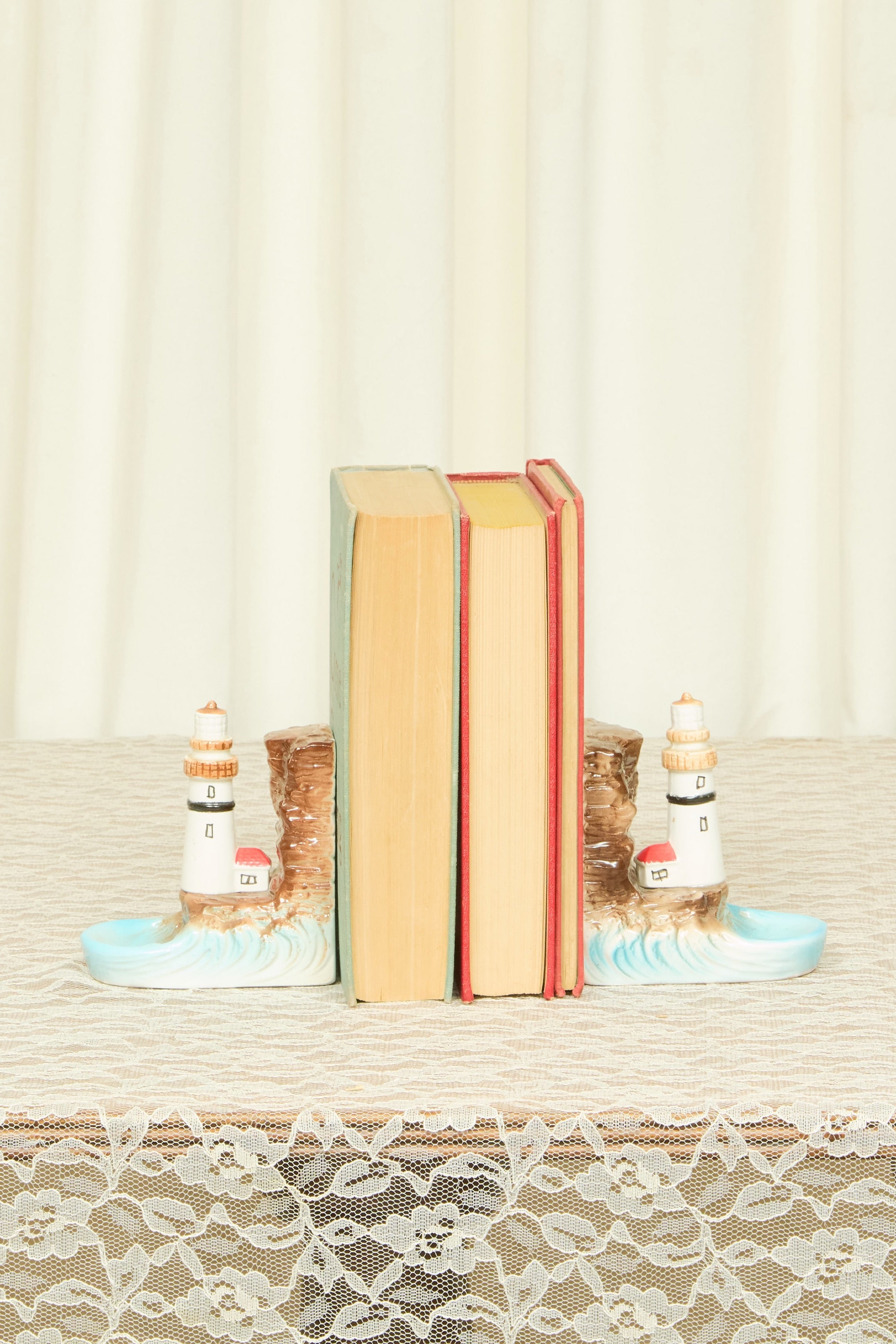 Vintage Lighthouse Bookends w/ Trinket Dish Set/2