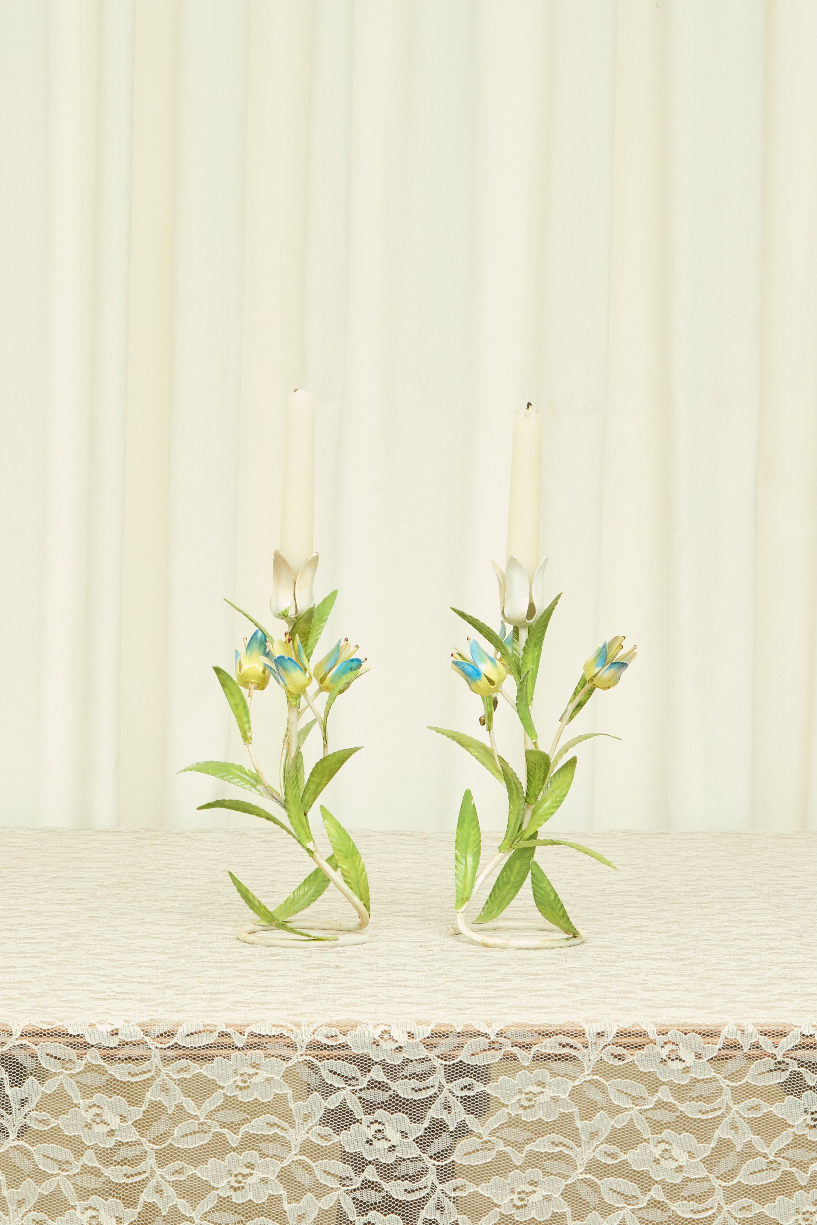 Vintage Metal Flower Candle Holder Set/2