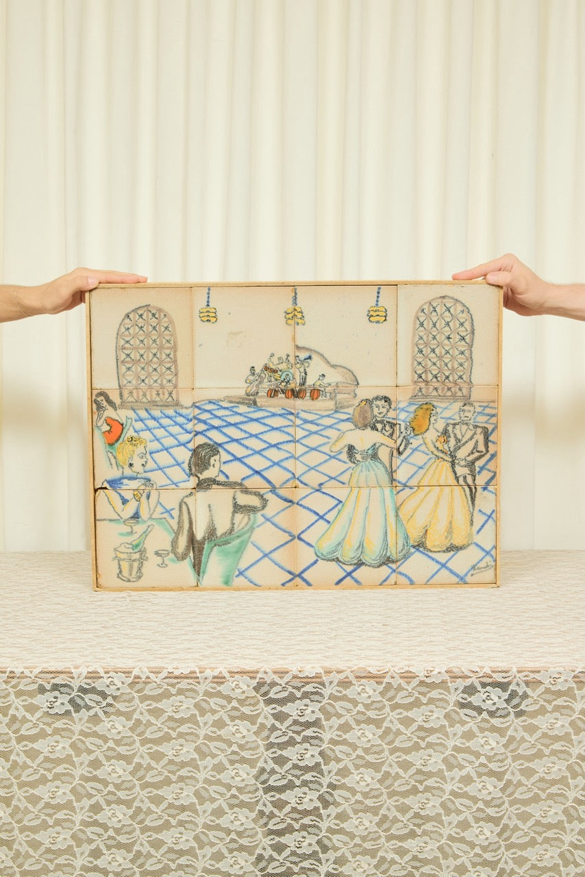 Vintage Painted Tile Scene Wall Art