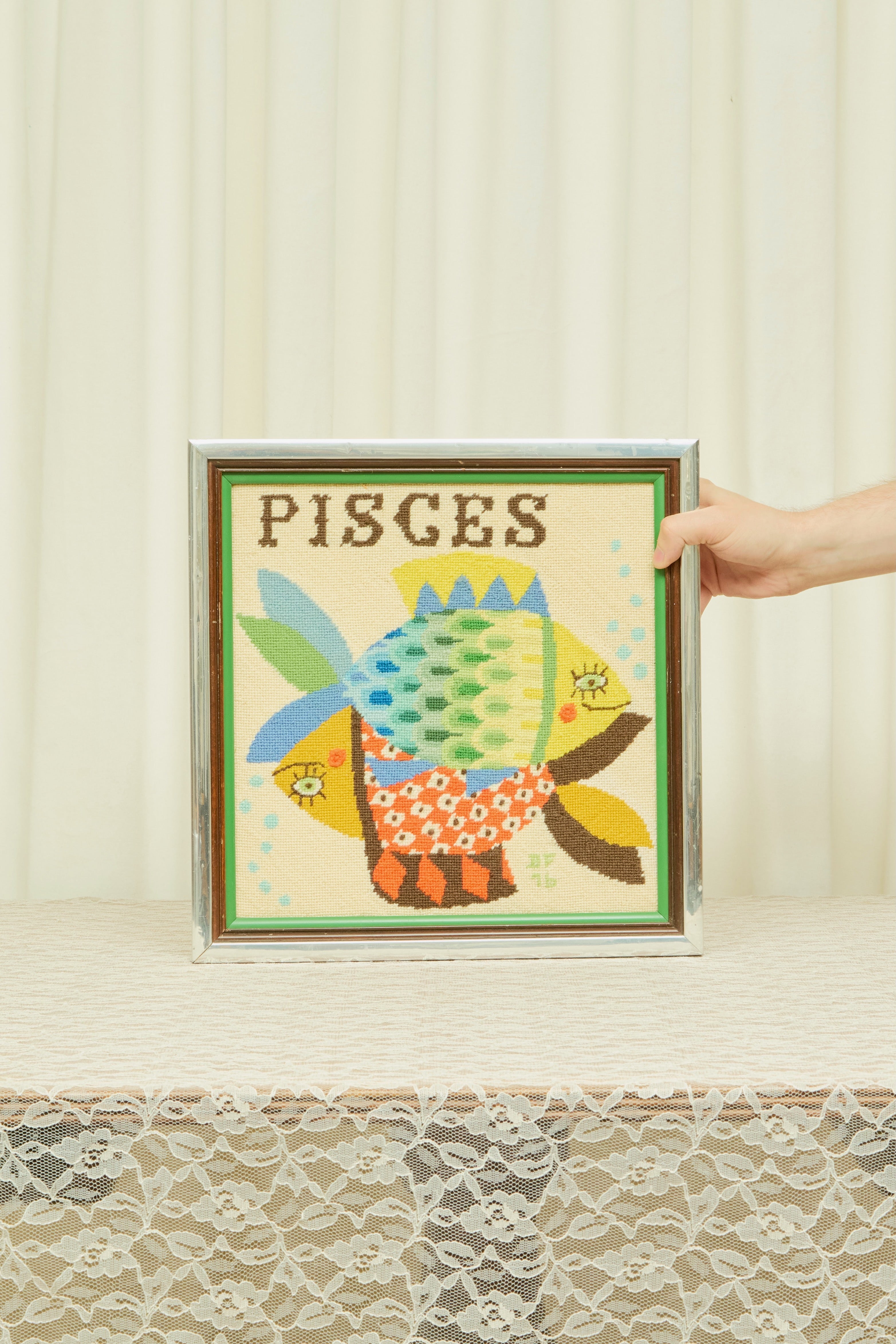 Vintage "Pisces" Framed Needlepoint