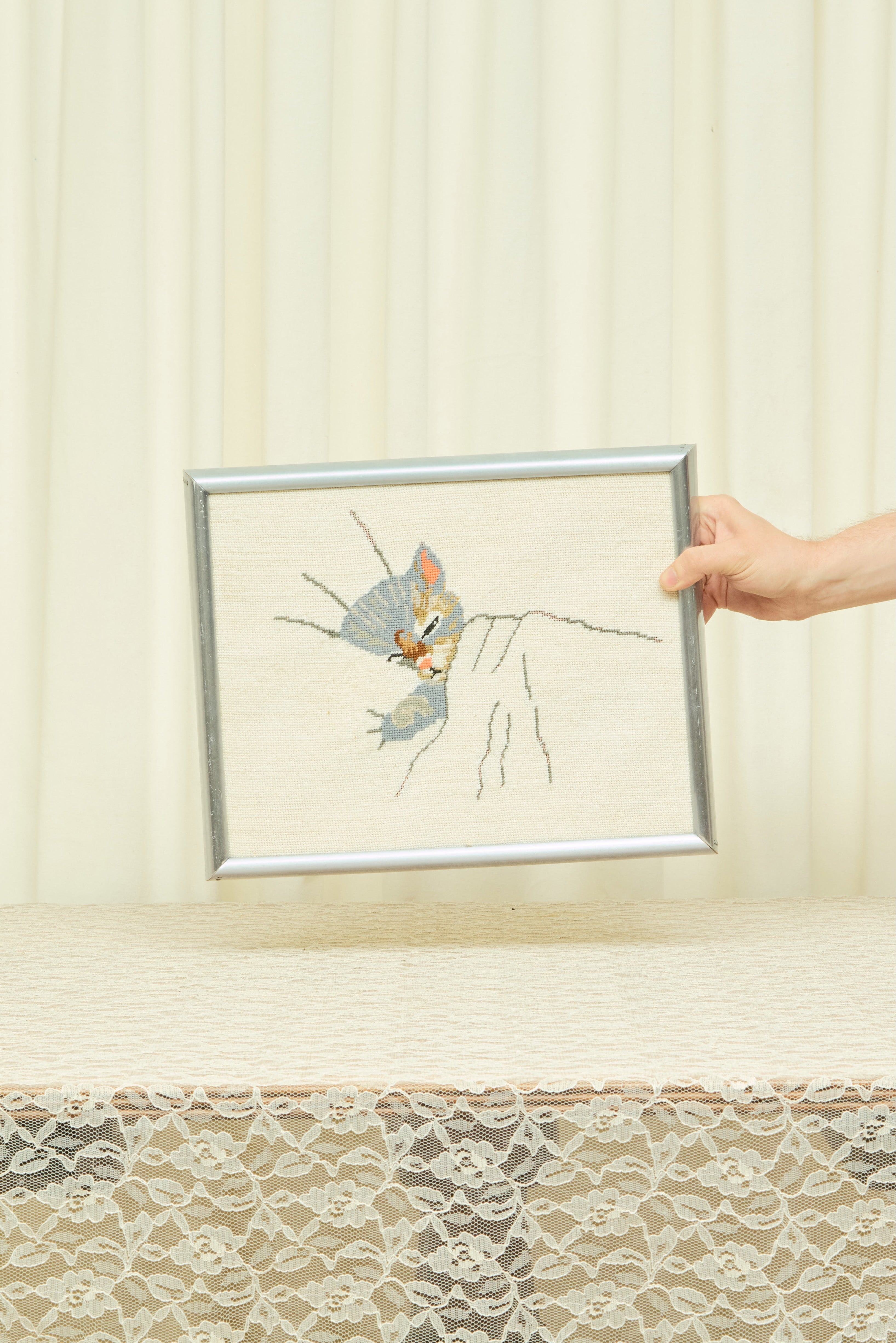 Vintage Sleeping Cat Framed Needlepoint