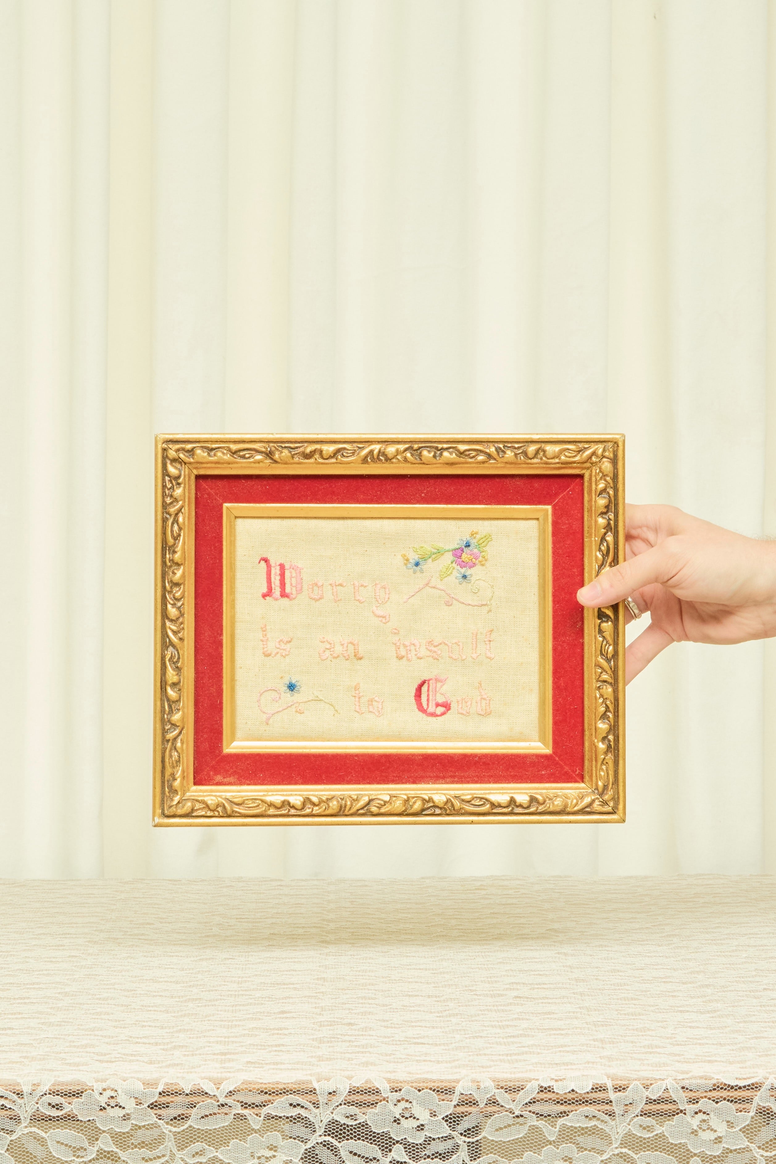 Vintage "Worry is an Insult to God" Framed Embroidery