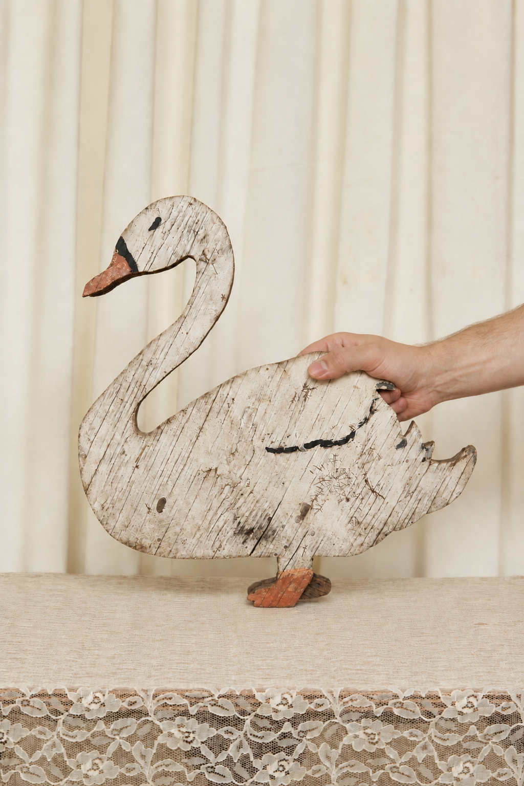 Vintage Folk Art Wooden Swan